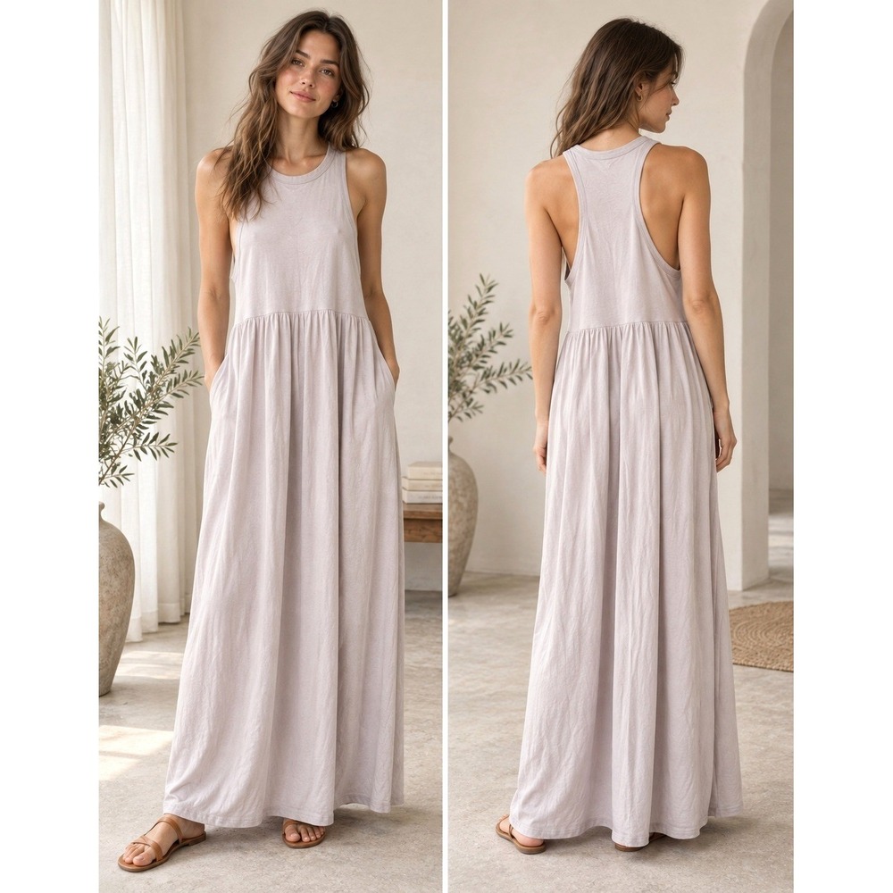 Ninety Percent Pleated Maxi Dress Womens XS Toupe Lilac Organic Cotton Racerback
